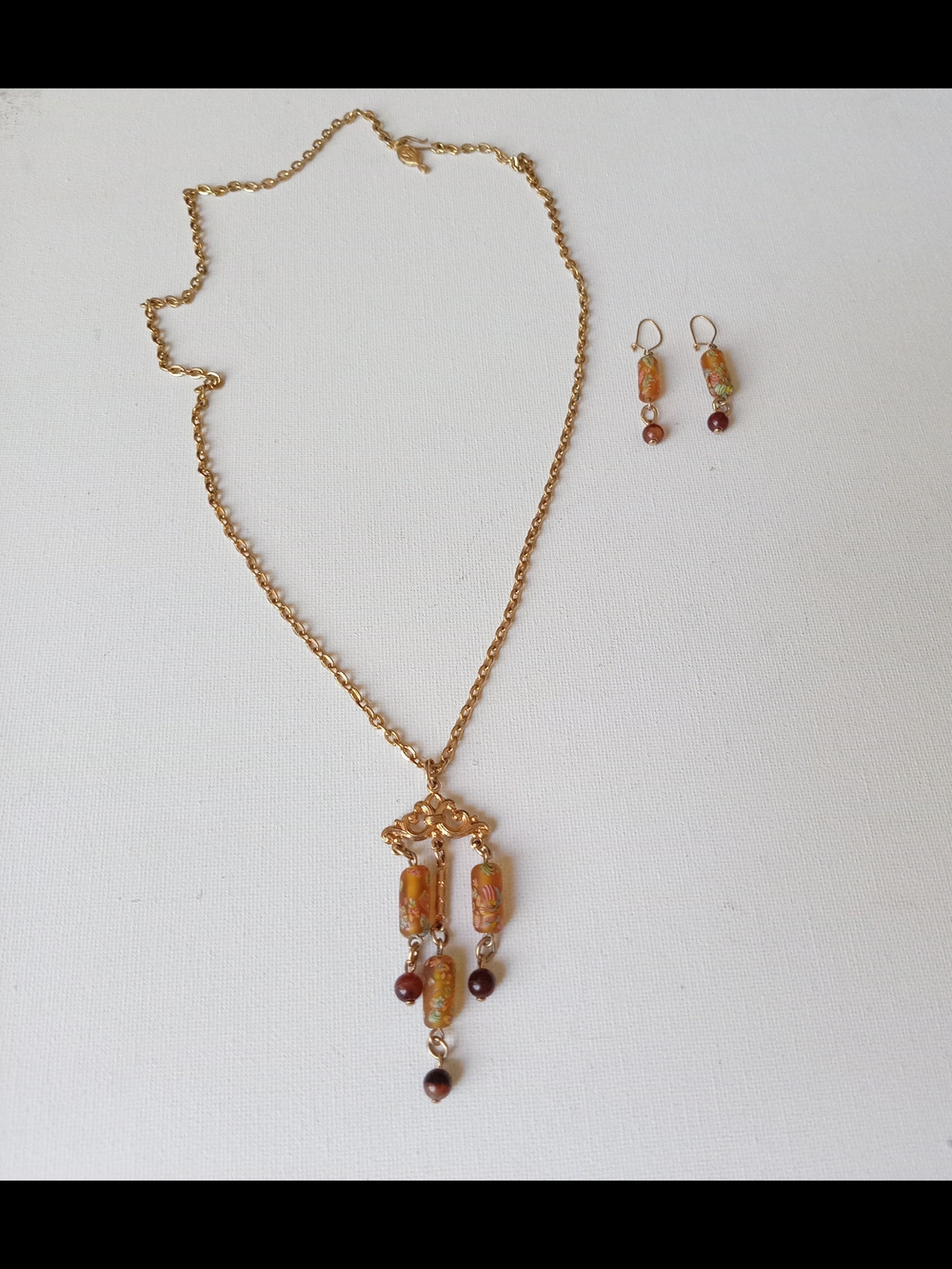 Sarah Coventry Gold-Tone Necklace and Earrings with Orange and Brown Beads